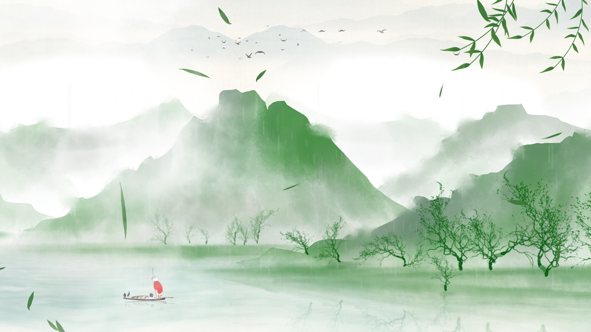 原创绿色古风山水水墨画二十四节气惊蛰视频背景视频的预览图