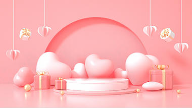 C4D立体3D粉色爱心礼物展台视频背景电商女神节视频的预览图