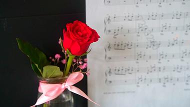 1080p浪漫唯美钢琴玫瑰花琴谱情人节氛围空镜视频的预览图