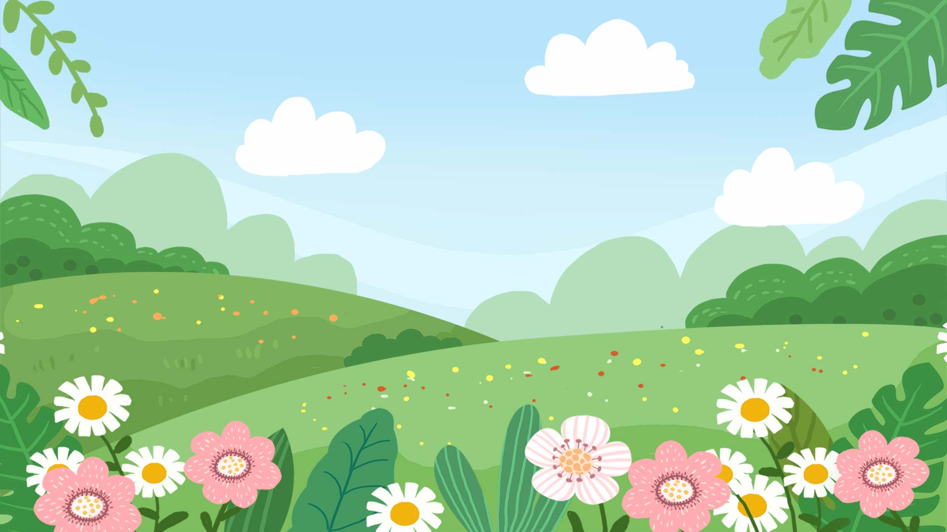 原创卡通花朵草坪天空风景动态视频背景视频的预览图