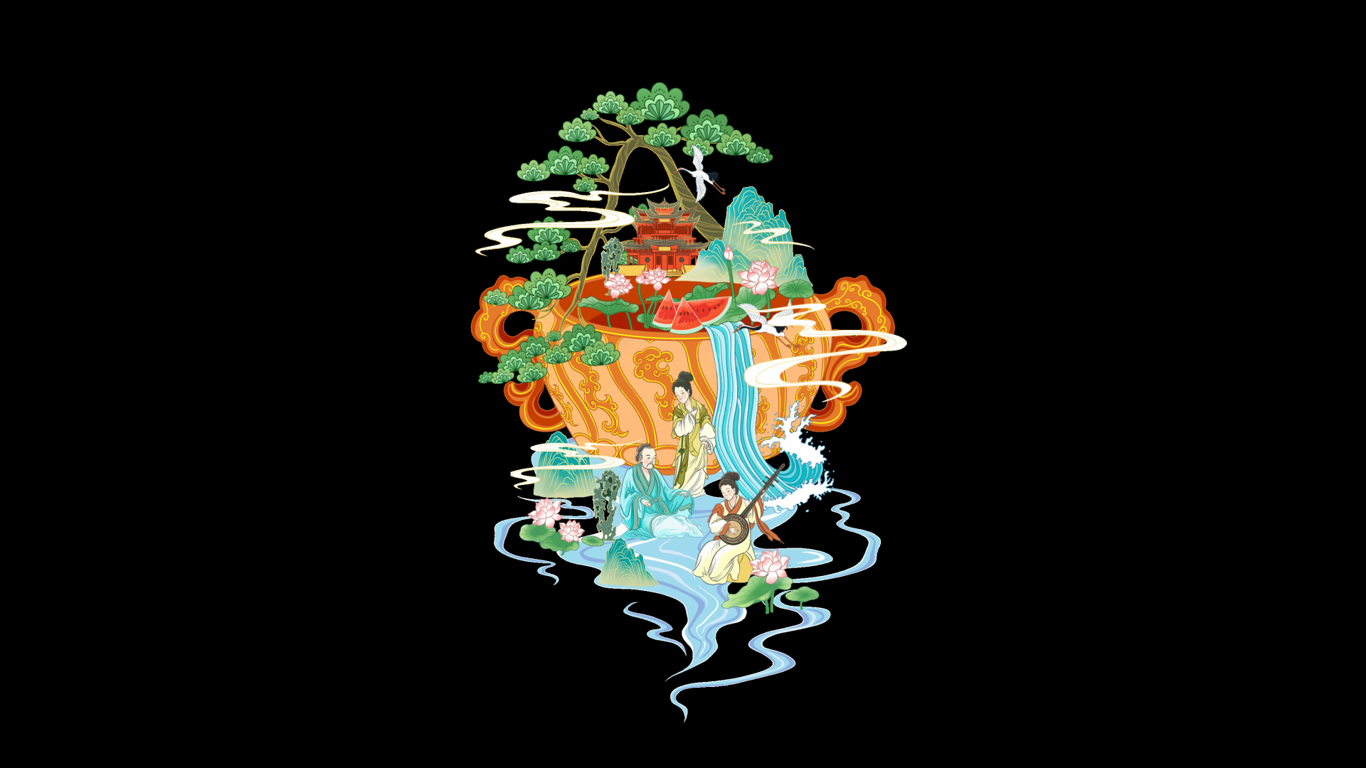 酒杯松树下乘凉微景观中国风国潮视频的预览图