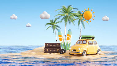 夏天汽车海滩蓝色c4d立体3D视频背景唯美视频的预览图