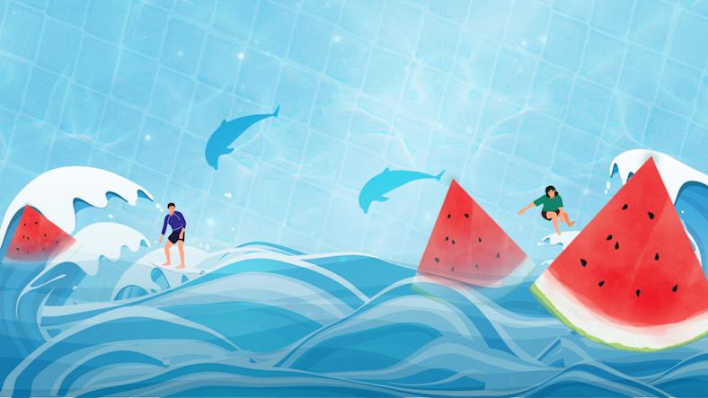 原创夏天西瓜冲浪蓝色清新背景视频AE模板视频的预览图