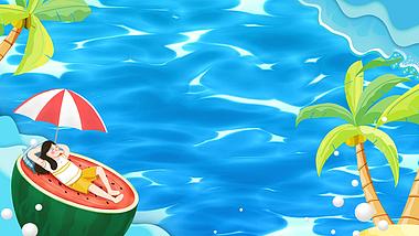原创夏天夏季椰树大海西瓜女孩蓝色动态视频背景视频的预览图