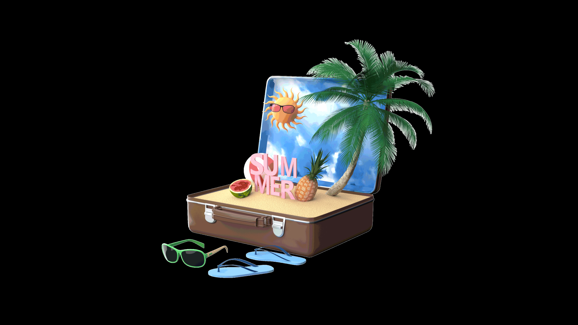 原创视频挂件装饰夏天c4d夏季创意沙滩箱子3D立体视频的预览图