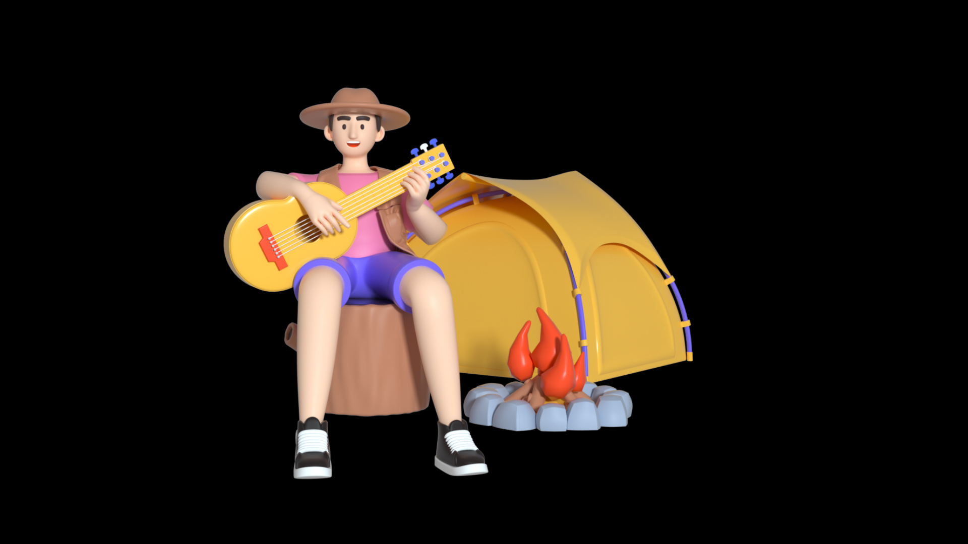 原创三维动态3d立体c4d弹吉他露营旅游立体视频的预览图