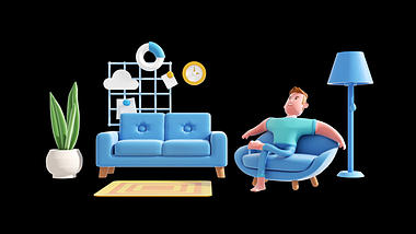原创三维动态c4d立体3D蓝色居家室内休闲人物简约视频的预览图