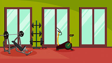 原创背景健身运动健身房器材场景扁平mg动画视频背景绿色视频的预览图