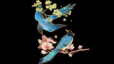 原创挂件装饰蓝色国潮风七夕喜鹊站在树枝上视频的预览图