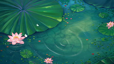 原创夏天风景池塘荷花荷叶治愈唯美绿色插画视频背景视频的预览图