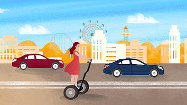 原创城市生活交通工具出行平衡车汽车女孩mg动画视频背景视频的预览图
