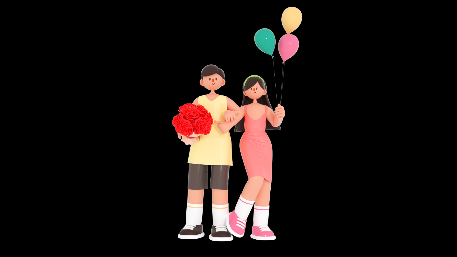 七夕情人节C4D立体3D人物情侣鲜花气球视频的预览图