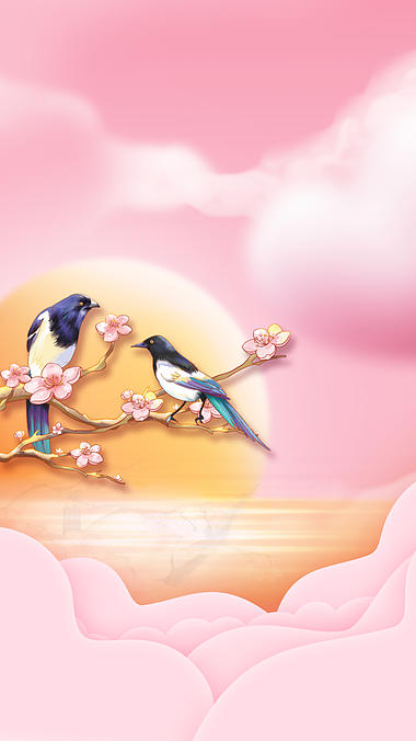 七夕情人节喜鹊枝头唯美浪漫爱情粉色竖版视频背景视频的预览图