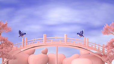 3D立体C4D粉色浪漫七夕情人节喜鹊鹊桥相会视频背景视频的预览图