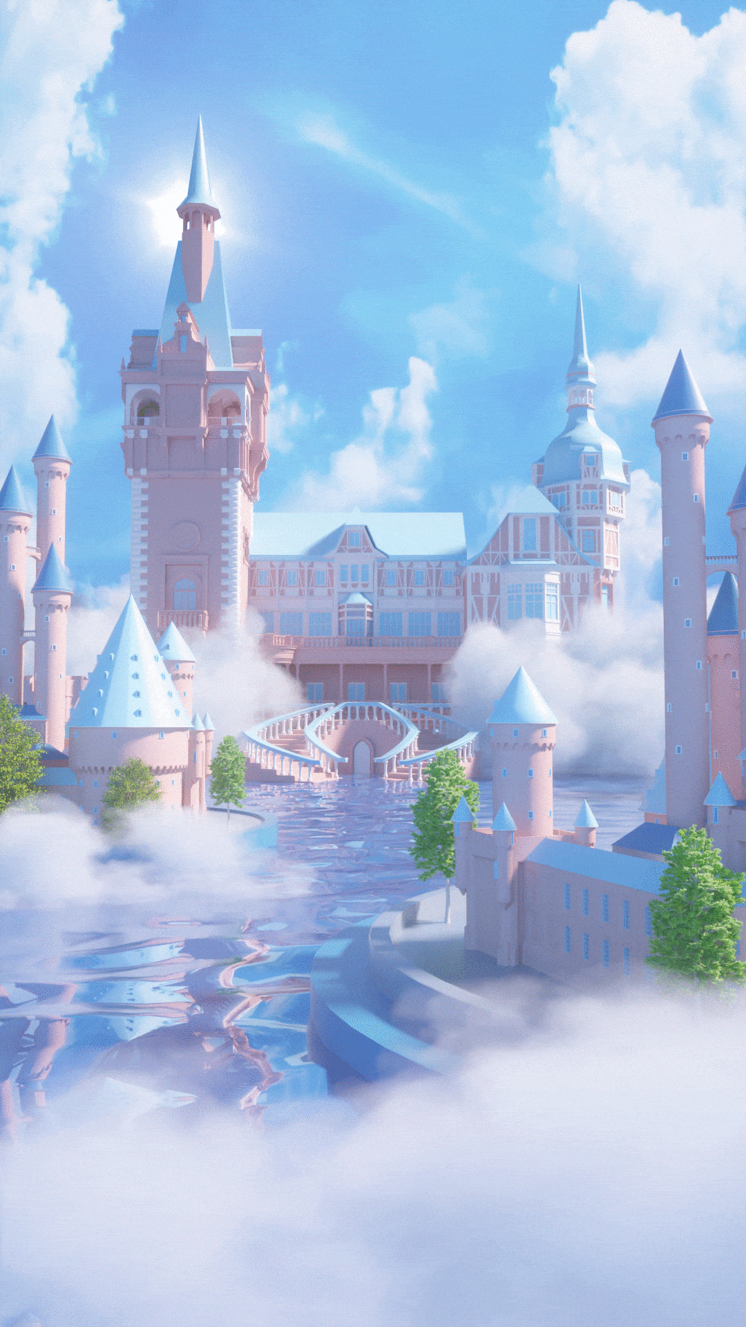 C4D立体3D梦幻云水上城堡竖版视频背景视频的预览图