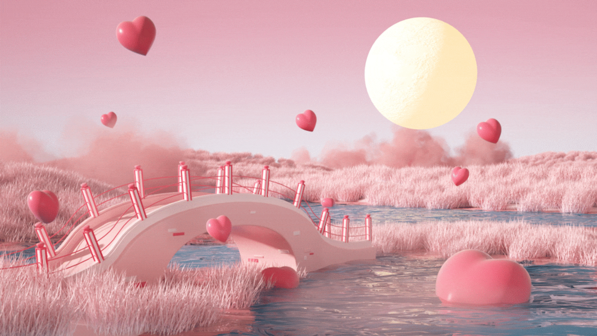 七夕情人节粉色C4D立体3D桥草地月亮视频背景视频的预览图