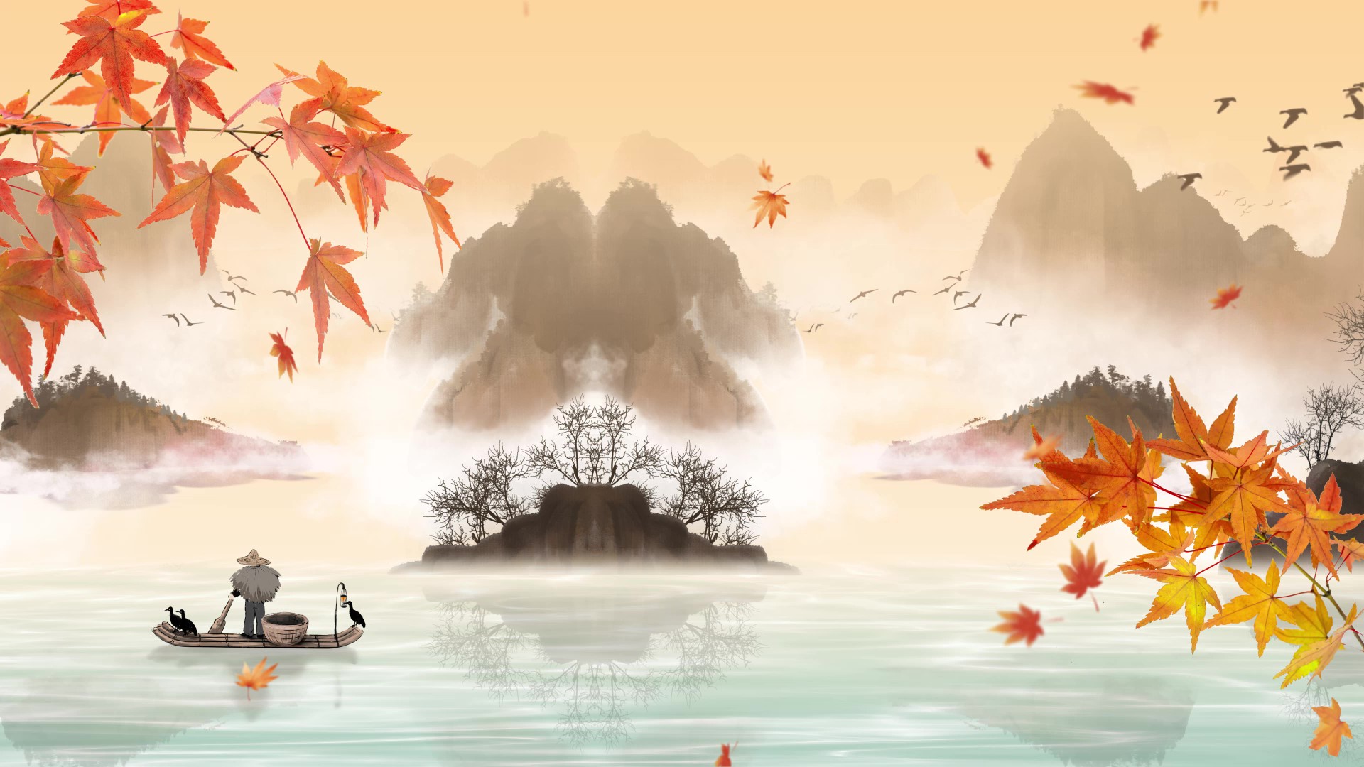 中国风水墨秋天枫叶飘落背景视频动态背景视频的预览图