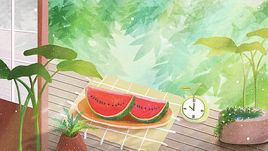 夏天屋檐下吃西瓜乘凉视频背景视频的预览图