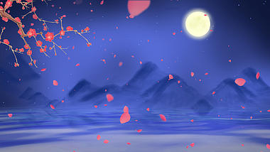 原创中秋山水花瓣飘落视频动态背景视频的预览图