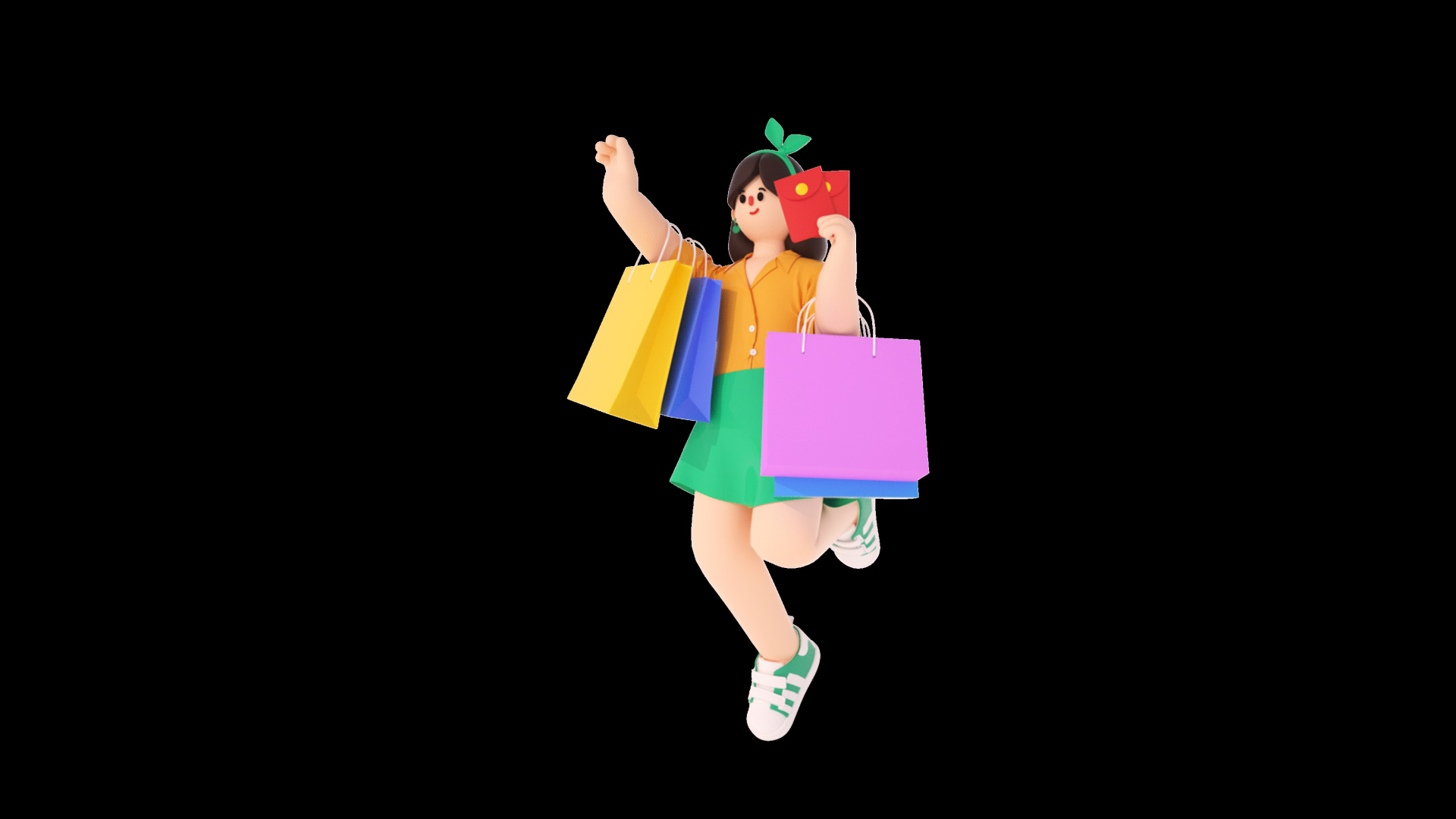 C4D立体3D购物袋购物拿红包女性角色视频的预览图
