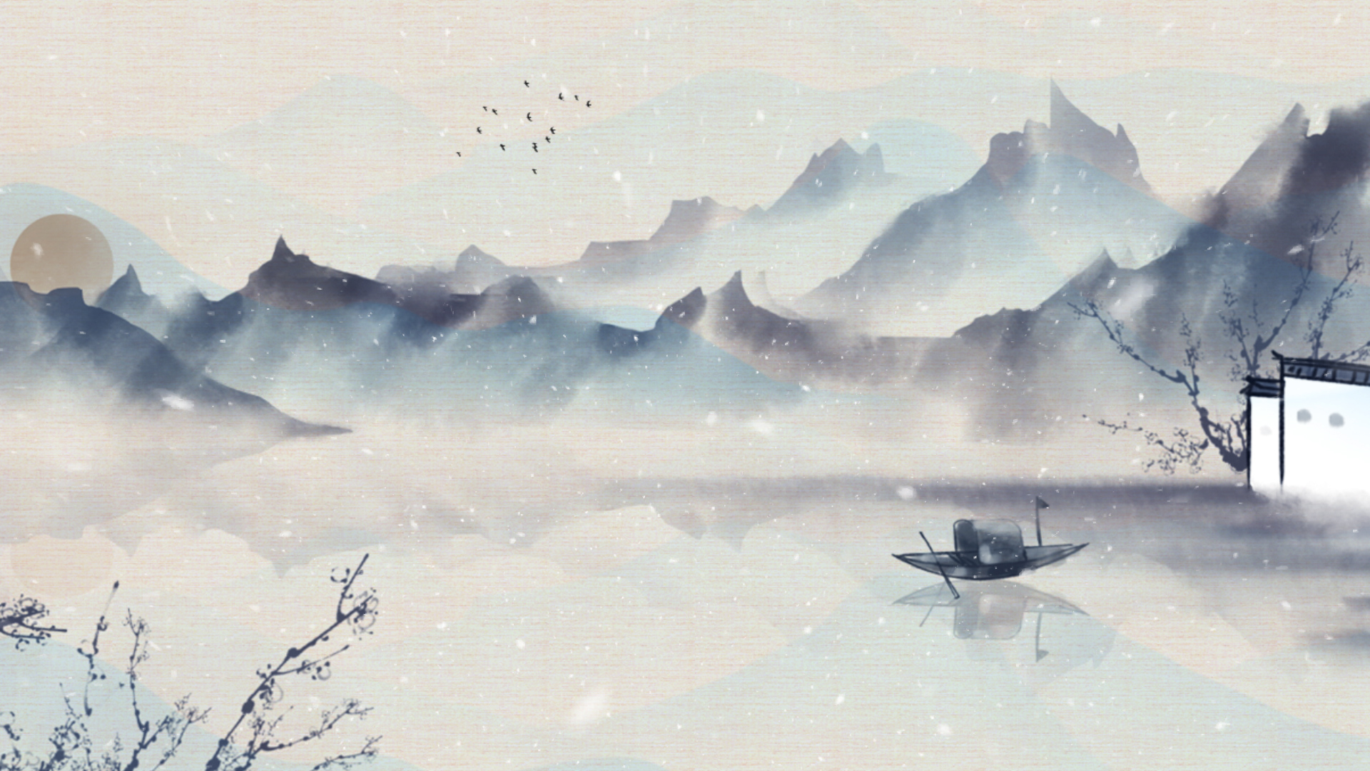 原创唯美中国风水墨冬季雪景视频冬天冬季下雪动态背景AE模板视频的预览图