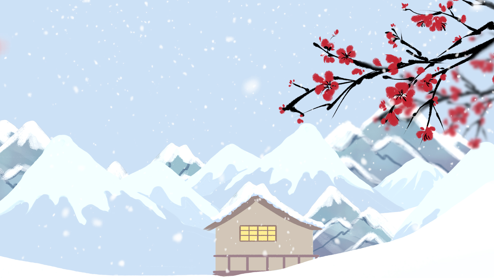 原创卡通清新唯美雪山小屋冬季冬日冬天下雪视频动态背景AE模板视频的预览图