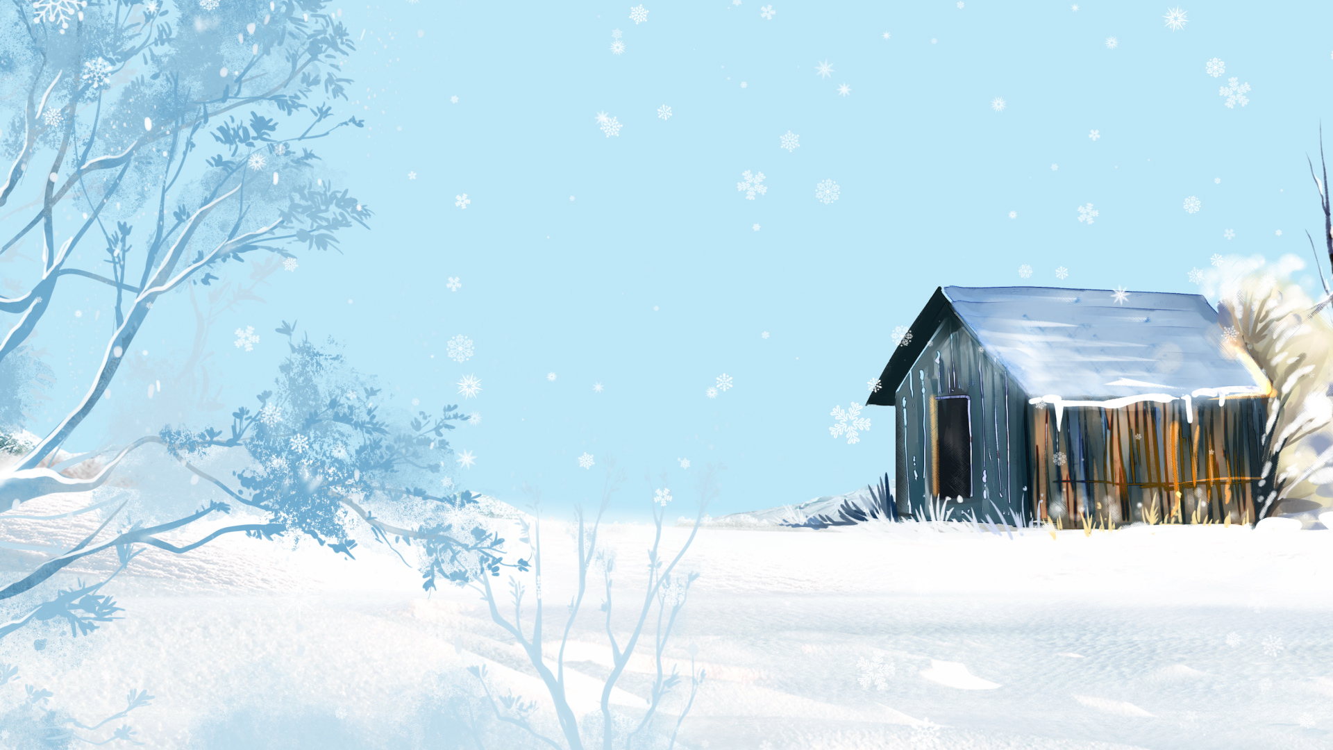 原创冬季冬日冬天下雪清新卡通寂静雪地小屋视频动态背景AE模板视频的预览图