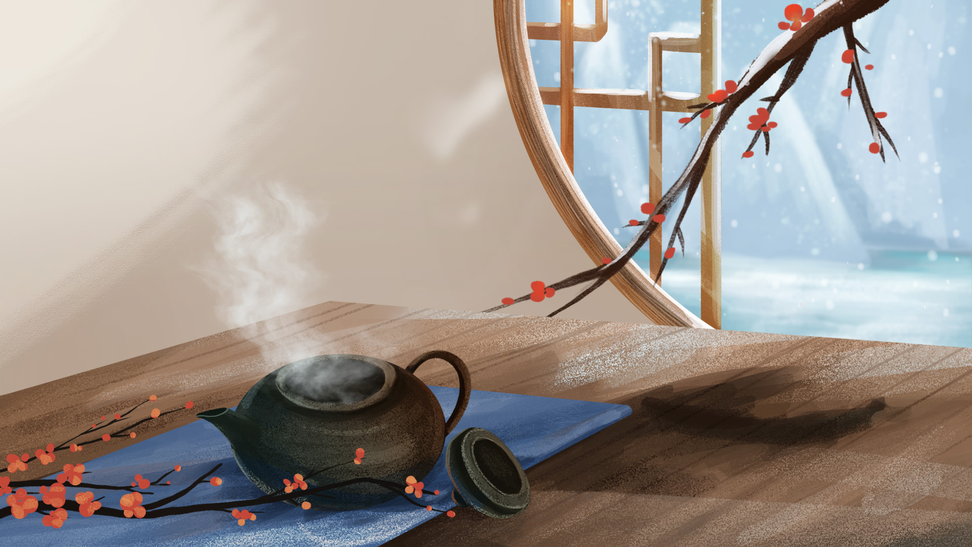 原创冬天冬季背景梅花茶壶视频动态背景视频的预览图