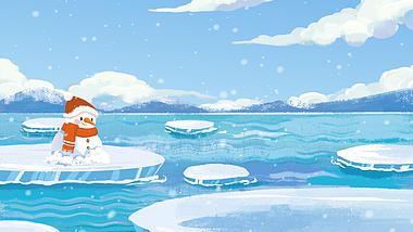 原创冬天冬季各种形象蓝色卡通湖面视频动态背景视频的预览图