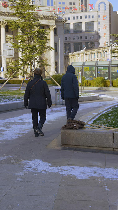 4K冬季老人伴侣行走背影人文意境视频的预览图