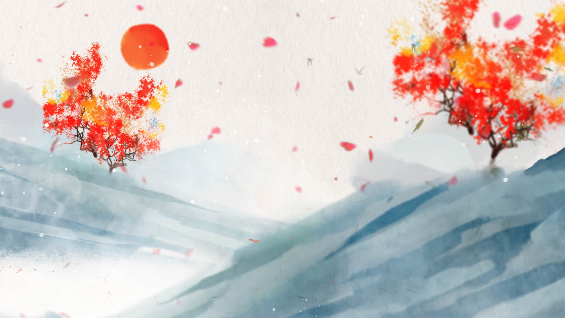 中国风水墨古风旭日东升秋季枫叶背景视频视频的预览图
