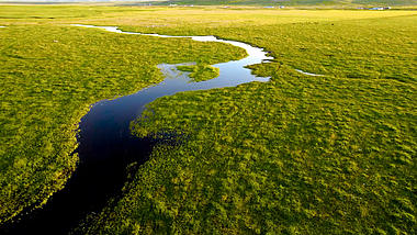 4k航拍春天大草原上蜿蜒的溪流视频的预览图