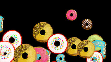 彩色甜甜圈美食水彩手绘平面风格甜甜圈掉落转场带通道素材视频的预览图